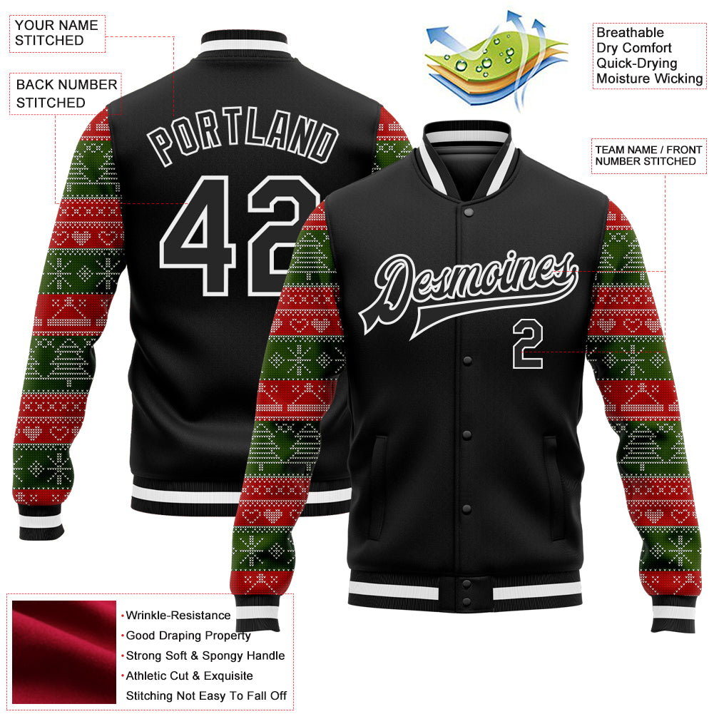 Custom Black Red Green Christmas 3D Bomber Full-Snap Varsity Letterman Jacket