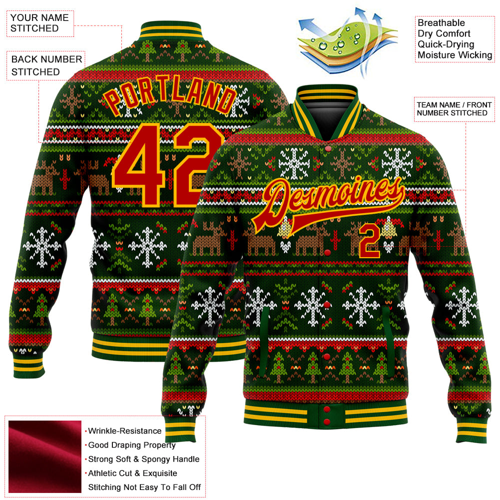 Custom Green Red-Gold Christmas 3D Bomber Full-Snap Varsity Letterman Jacket