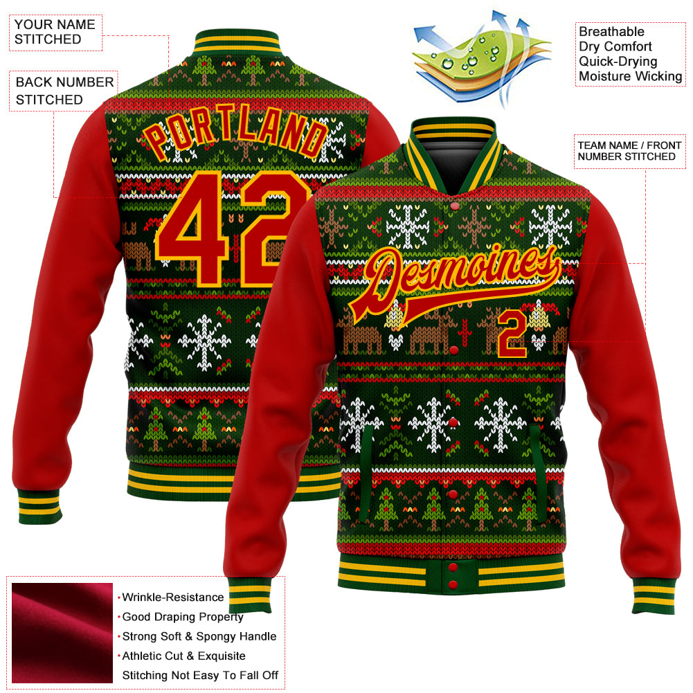 Custom Green Red-Gold Christmas 3D Bomber Full-Snap Varsity Letterman Jacket