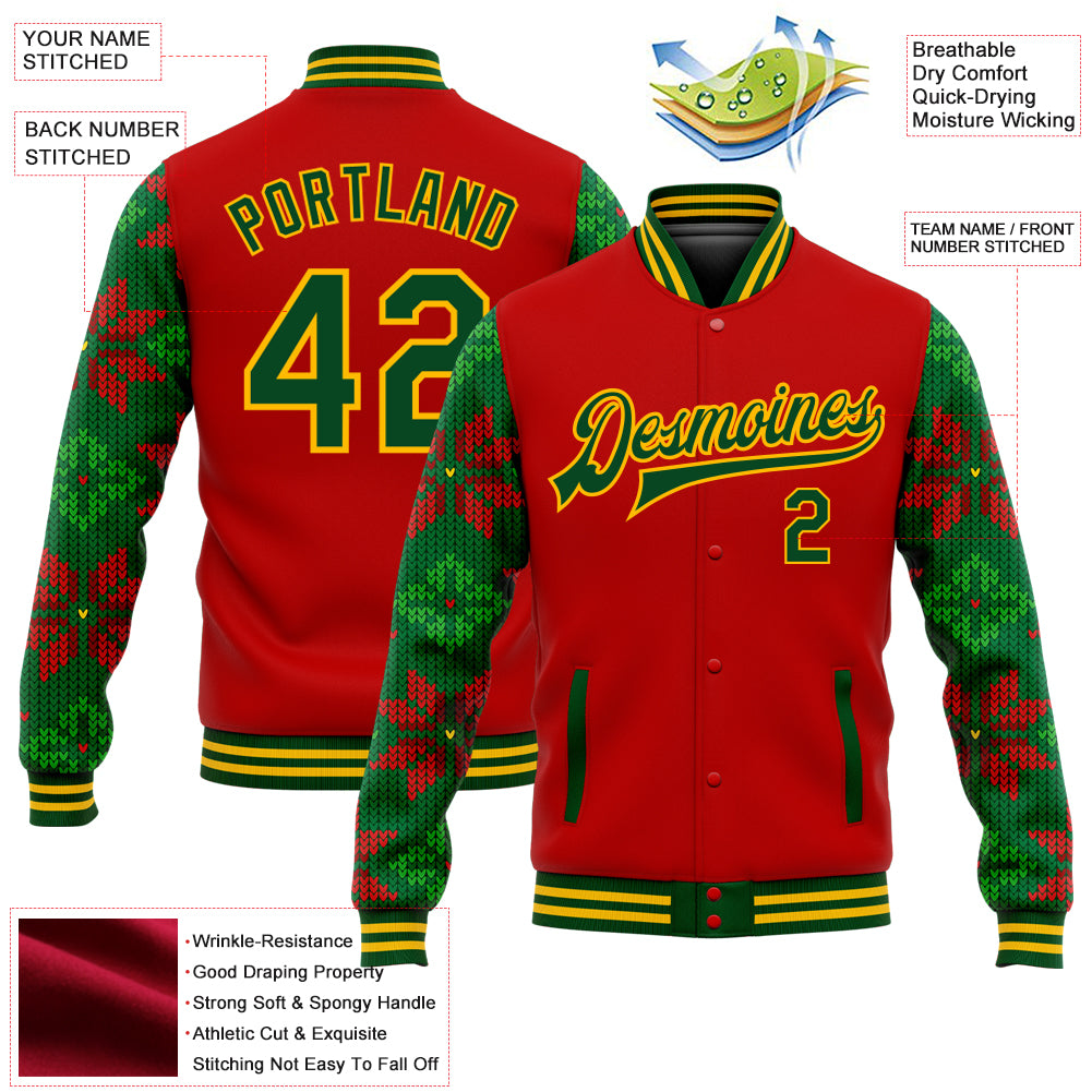 Custom Red Green-Gold Christmas 3D Bomber Full-Snap Varsity Letterman Jacket