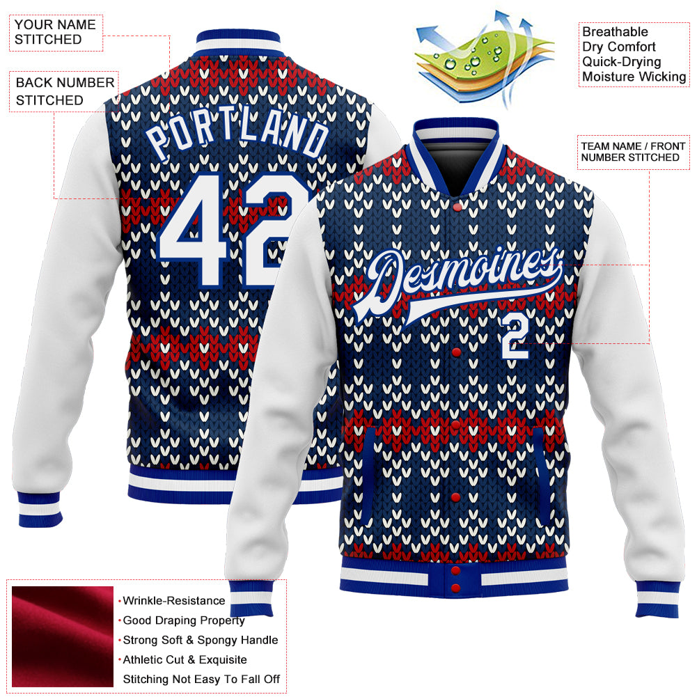 Custom Navy White-Royal Christmas 3D Bomber Full-Snap Varsity Letterman Jacket