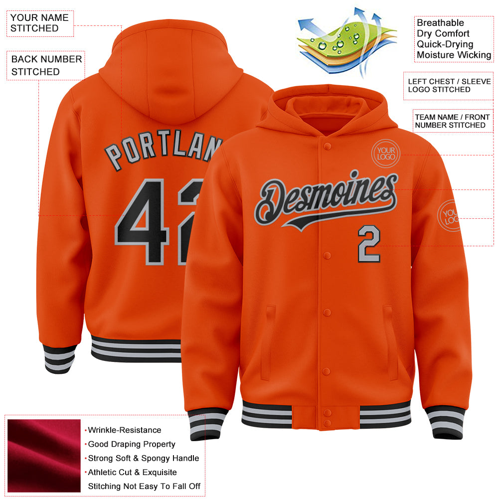 Custom Orange Black-Gray Bomber Full-Snap Varsity Letterman Hoodie Jacket