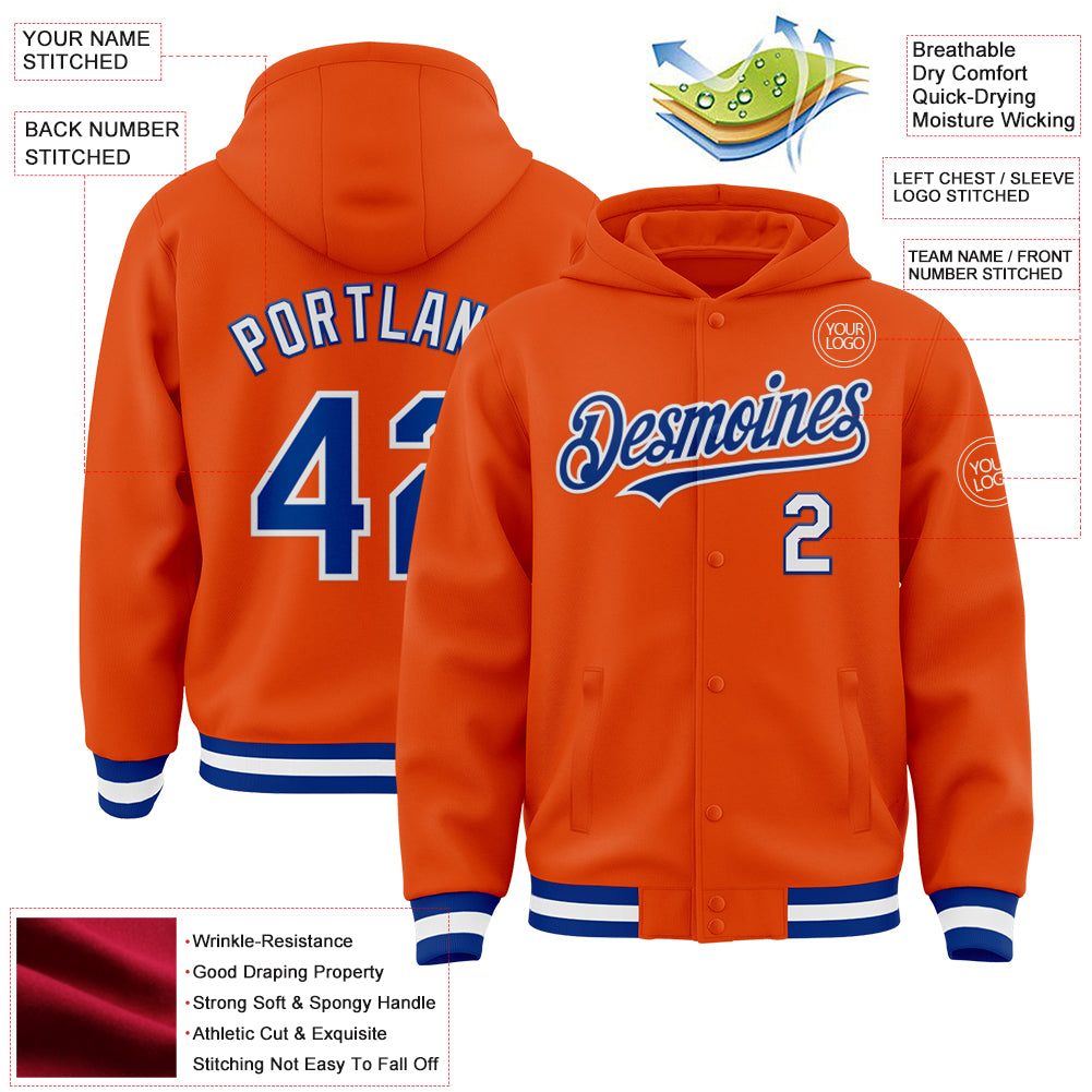 Custom Orange Royal-White Bomber Full-Snap Varsity Letterman Hoodie Jacket