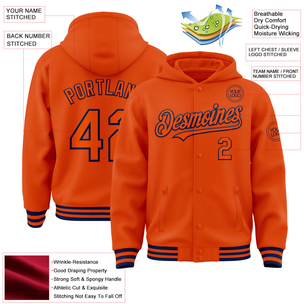 Custom Orange Navy Bomber Full-Snap Varsity Letterman Hoodie Jacket