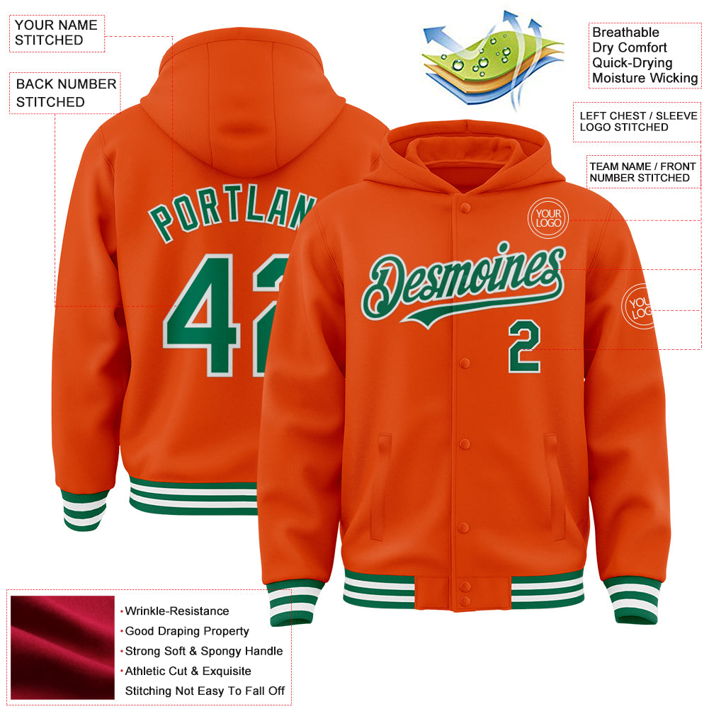 Custom Orange Kelly Green-White Bomber Full-Snap Varsity Letterman Hoodie Jacket