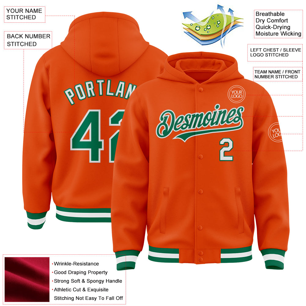 Custom Orange Kelly Green-White Bomber Full-Snap Varsity Letterman Hoodie Jacket