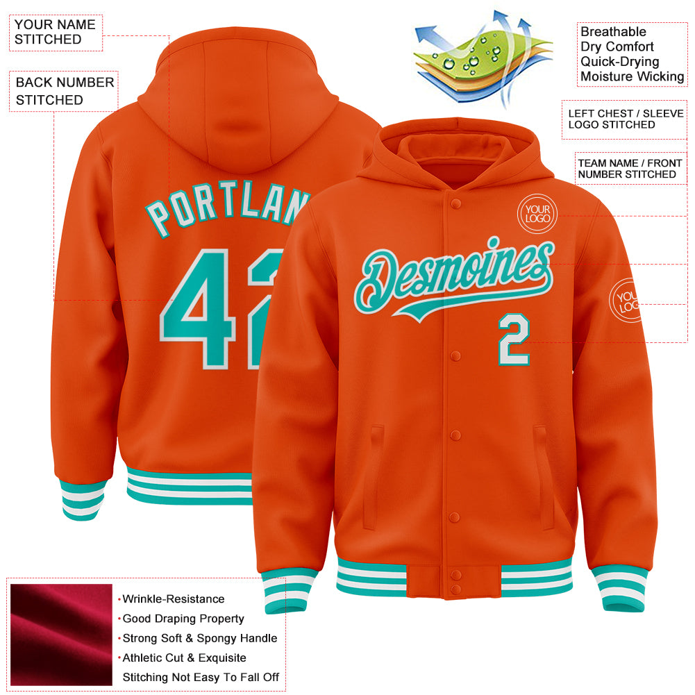 Custom Orange Aqua-White Bomber Full-Snap Varsity Letterman Hoodie Jacket