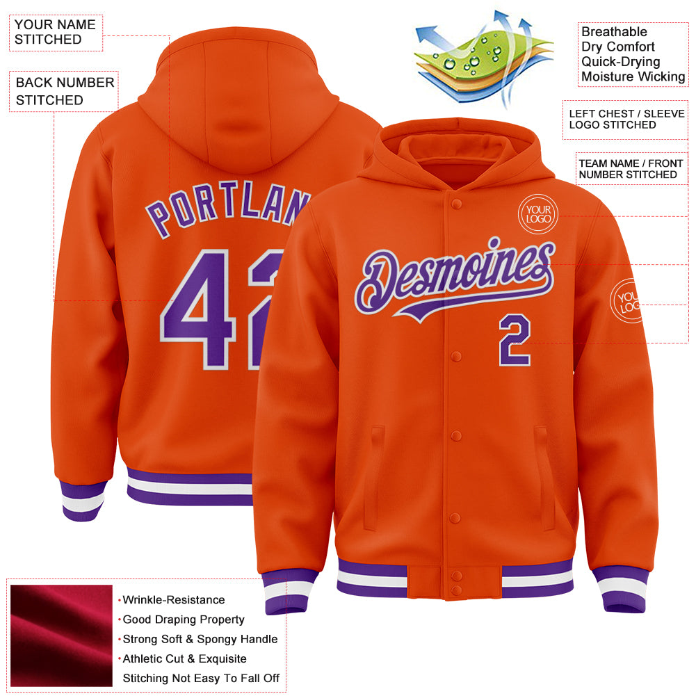 Custom Orange Purple-White Bomber Full-Snap Varsity Letterman Hoodie Jacket