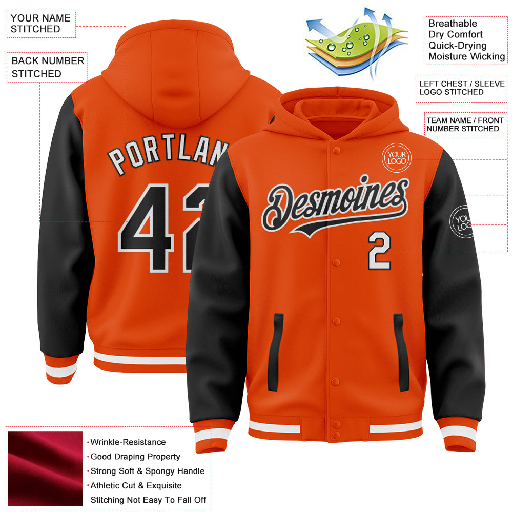 Custom Orange Black-White Bomber Full-Snap Varsity Letterman Two Tone Hoodie Jacket