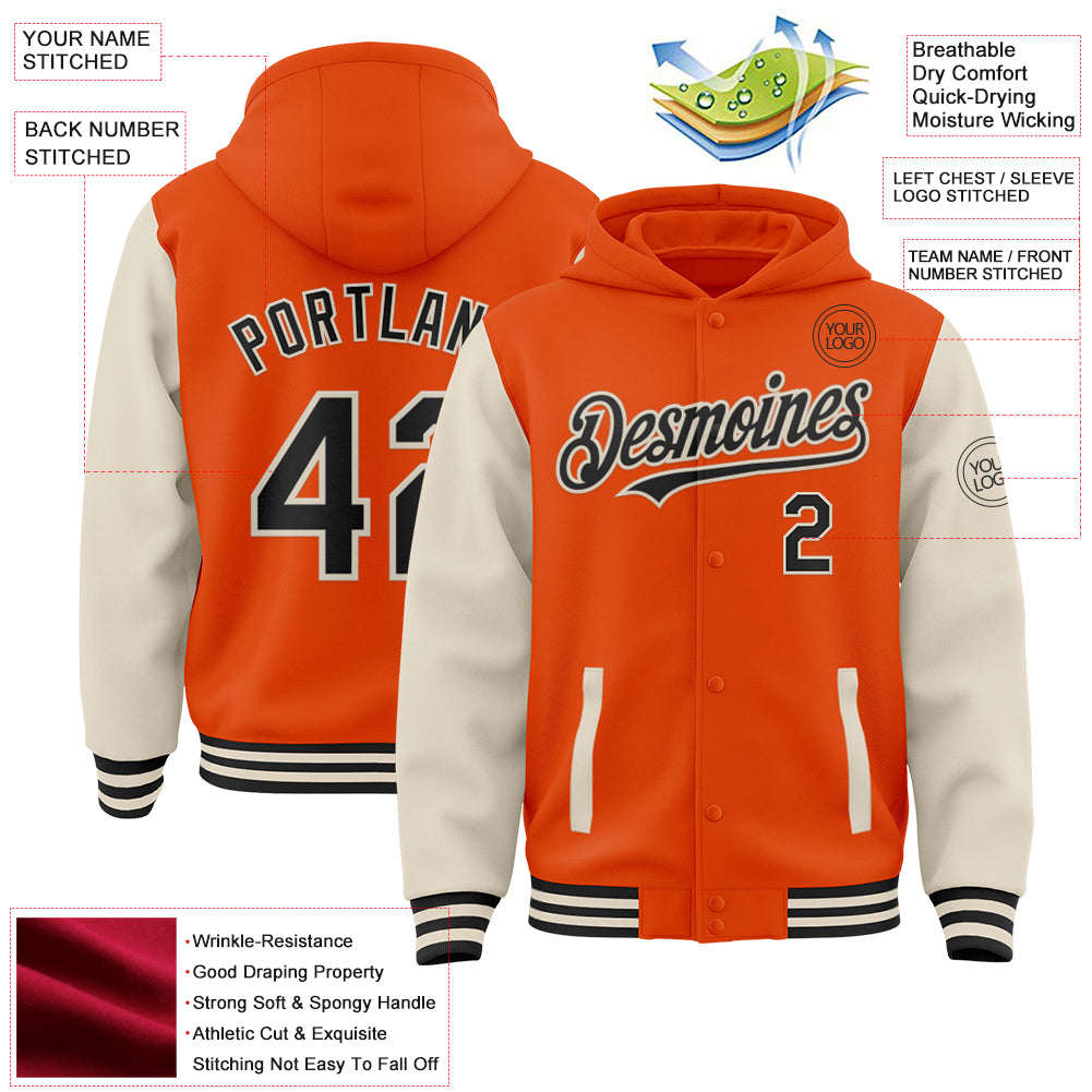 Custom Orange Black-Cream Bomber Full-Snap Varsity Letterman Two Tone Hoodie Jacket