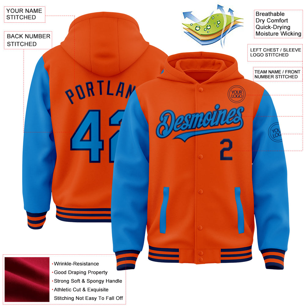 Custom Orange Powder Blue-Navy Bomber Full-Snap Varsity Letterman Two Tone Hoodie Jacket