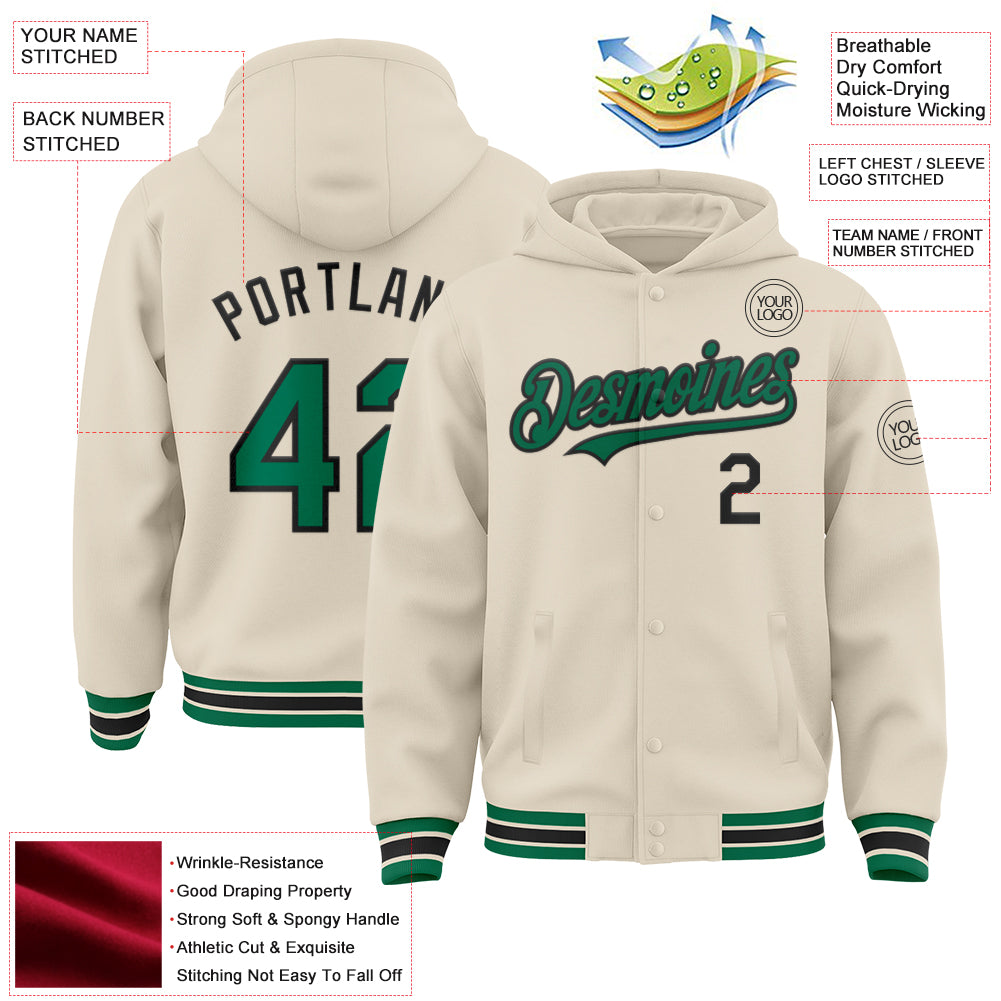 Custom Cream Kelly Green-Black Bomber Full-Snap Varsity Letterman Hoodie Jacket