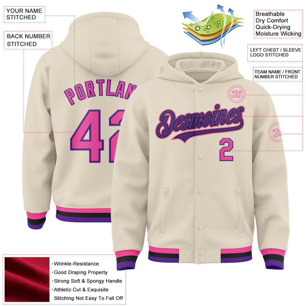 Custom Cream Pink Purple-Black Bomber Full-Snap Varsity Letterman Hoodie Jacket