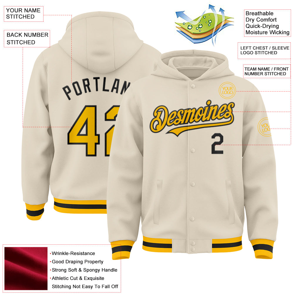 Custom Cream Gold-Black Bomber Full-Snap Varsity Letterman Hoodie Jacket