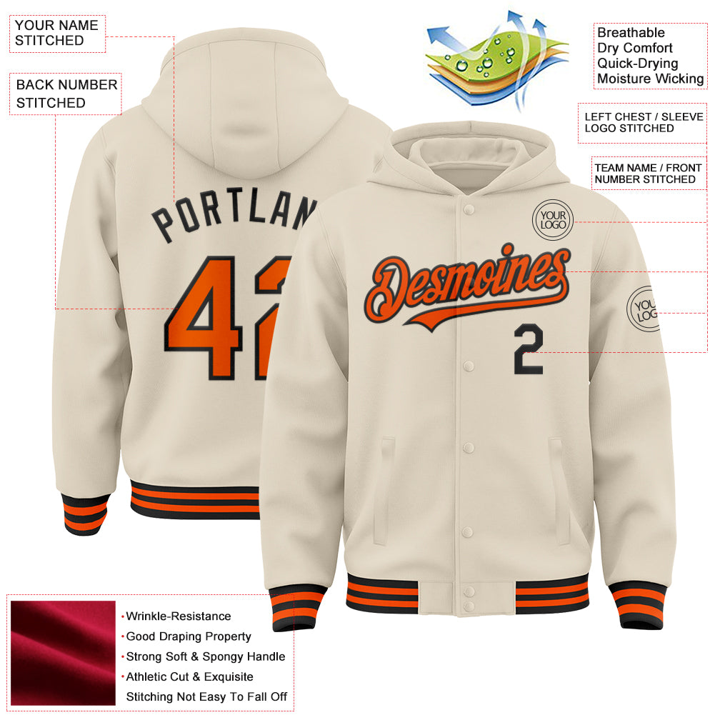 Custom Cream Orange-Black Bomber Full-Snap Varsity Letterman Hoodie Jacket