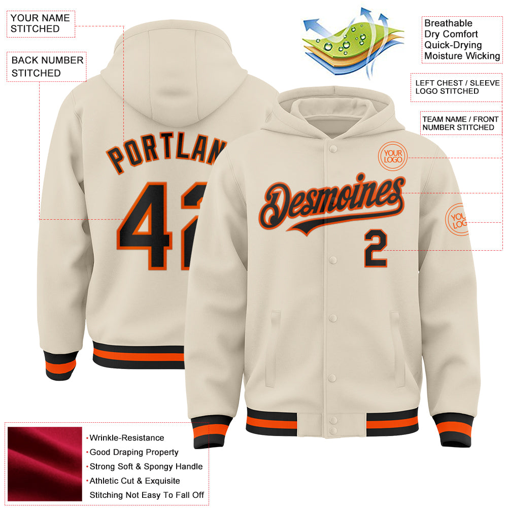 Custom Cream Black-Orange Bomber Full-Snap Varsity Letterman Hoodie Jacket