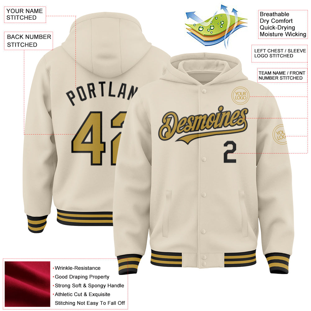 Custom Cream Old Gold-Black Bomber Full-Snap Varsity Letterman Hoodie Jacket