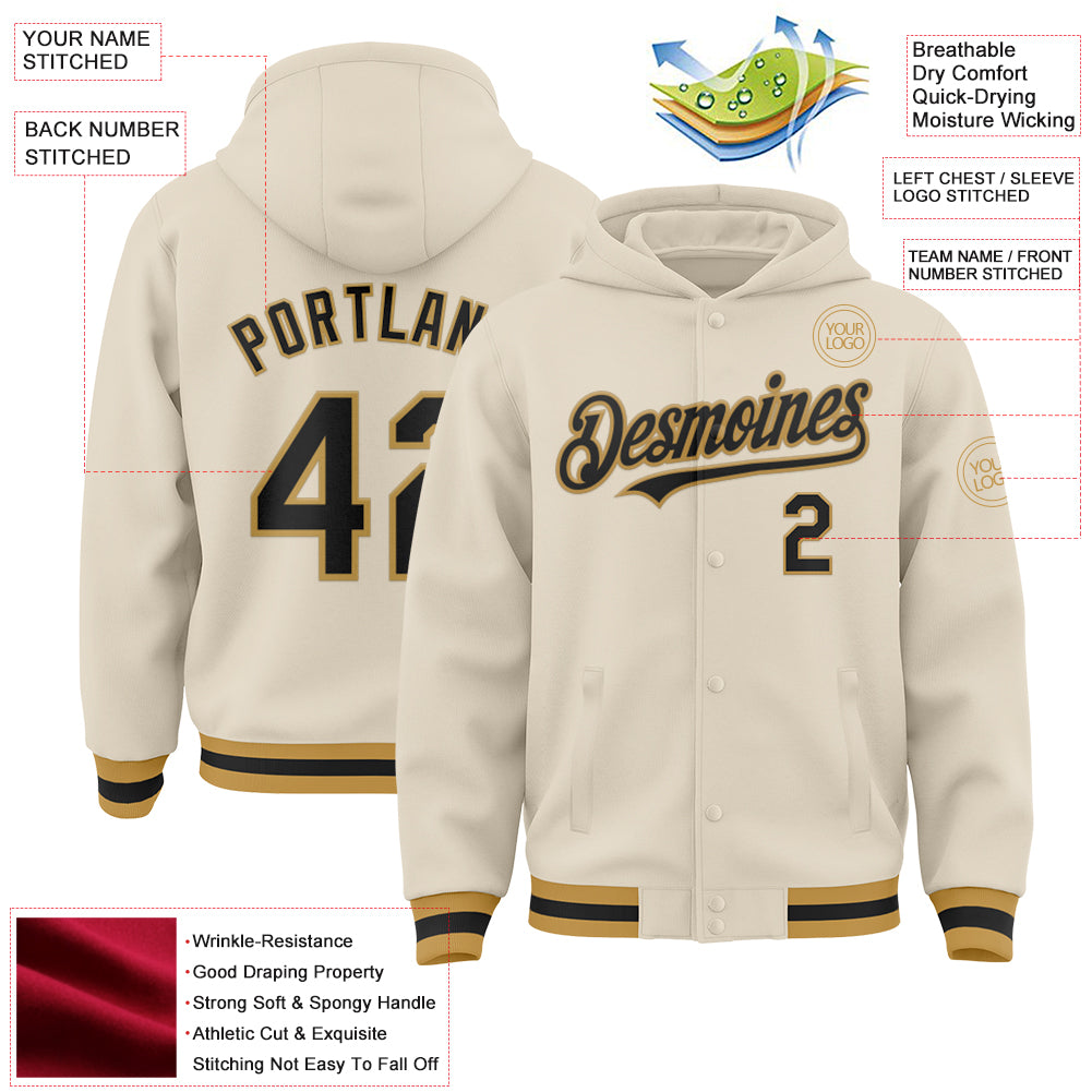 Custom Cream Black-Old Gold Bomber Full-Snap Varsity Letterman Hoodie Jacket