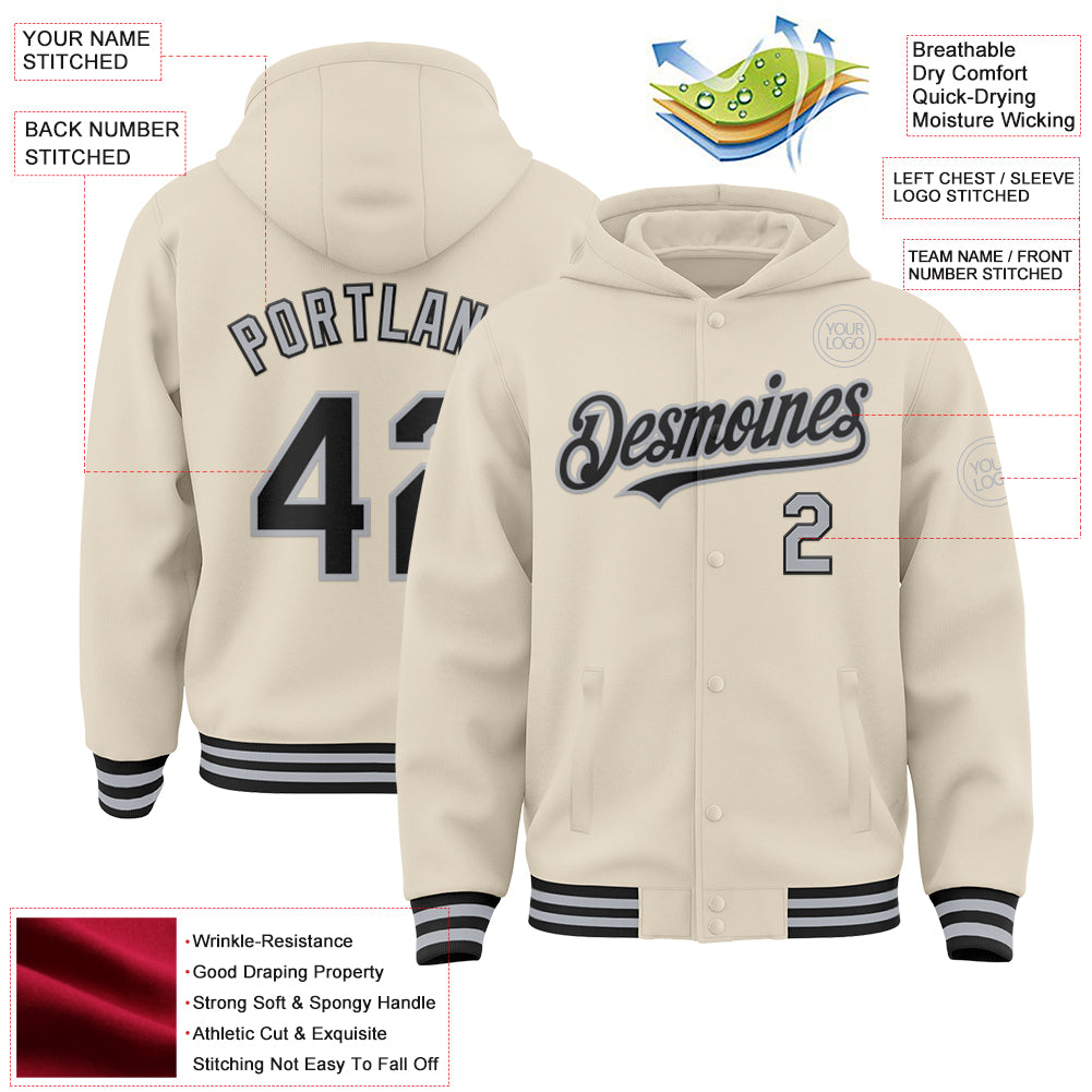 Custom Cream Black-Gray Bomber Full-Snap Varsity Letterman Hoodie Jacket