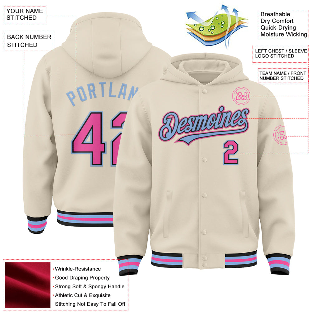 Custom Cream Pink Black-Light Blue Bomber Full-Snap Varsity Letterman Hoodie Jacket