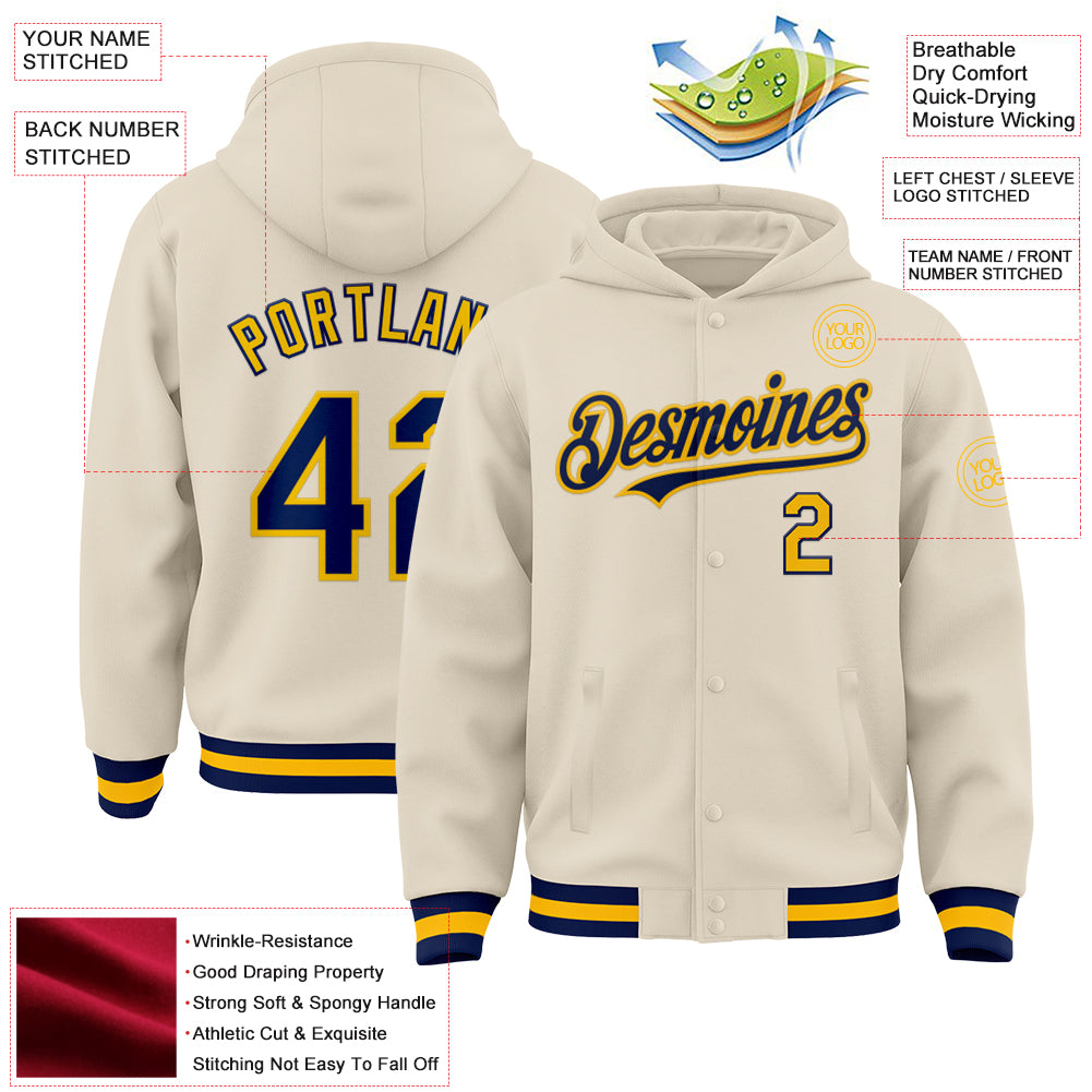 Custom Cream Navy-Gold Bomber Full-Snap Varsity Letterman Hoodie Jacket