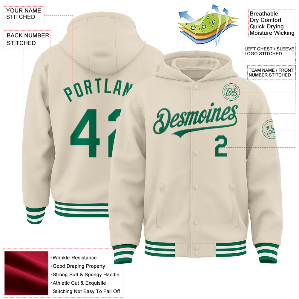 Custom Cream Kelly Green-White Bomber Full-Snap Varsity Letterman Hoodie Jacket