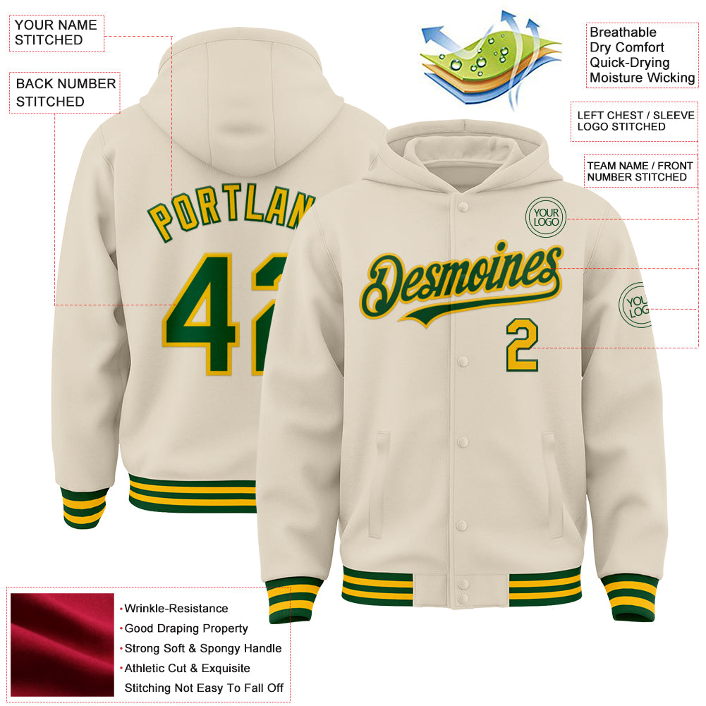 Custom Cream Green-Gold Bomber Full-Snap Varsity Letterman Hoodie Jacket