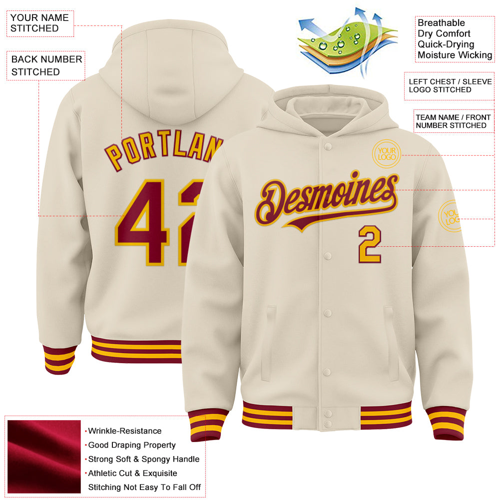 Custom Cream Crimson-Gold Bomber Full-Snap Varsity Letterman Hoodie Jacket