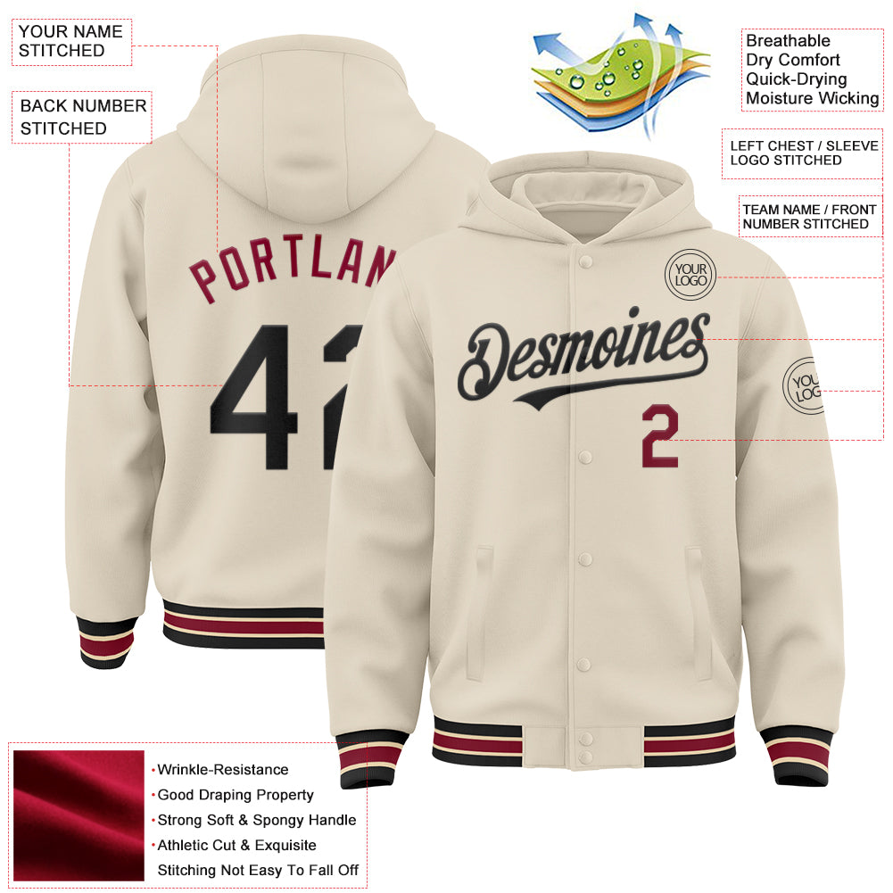 Custom Cream Black Crimson-City Cream Bomber Full-Snap Varsity Letterman Hoodie Jacket