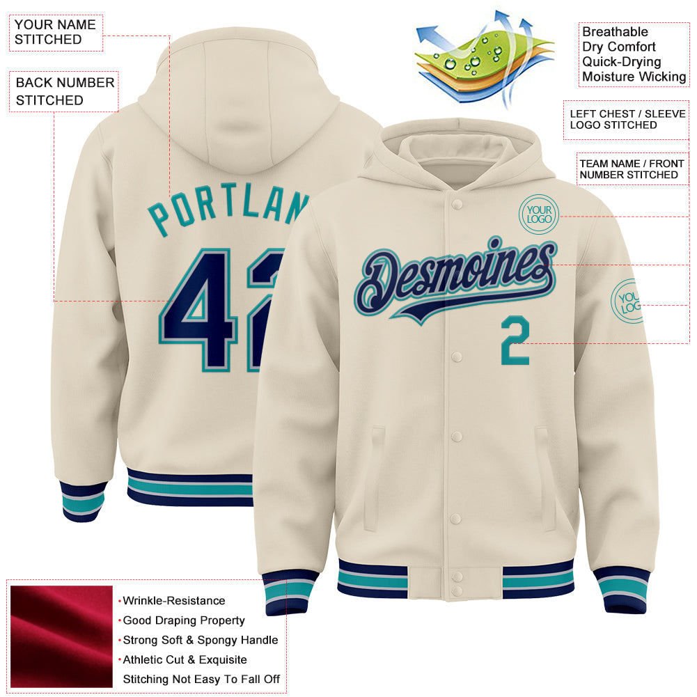 Custom Cream Navy Gray-Teal Bomber Full-Snap Varsity Letterman Hoodie Jacket