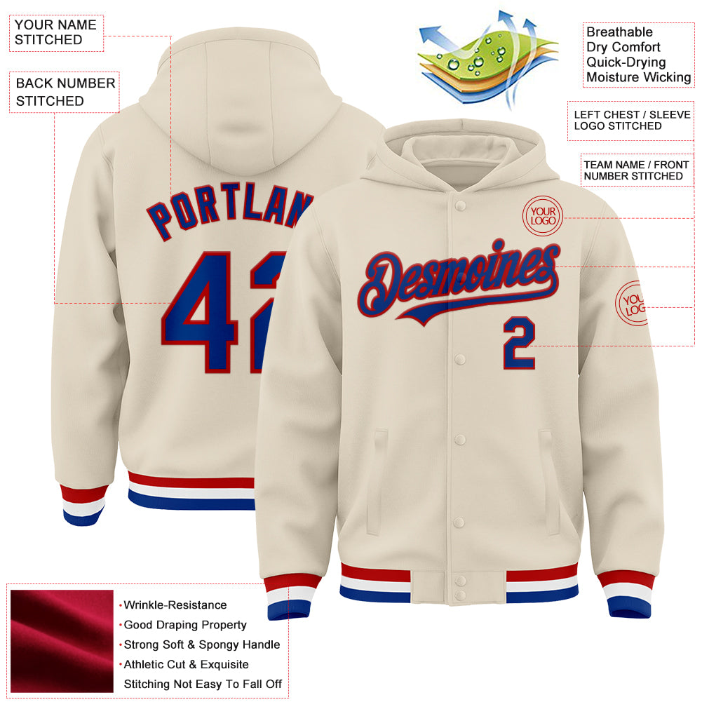 Custom Cream Royal Red-White Bomber Full-Snap Varsity Letterman Hoodie Jacket