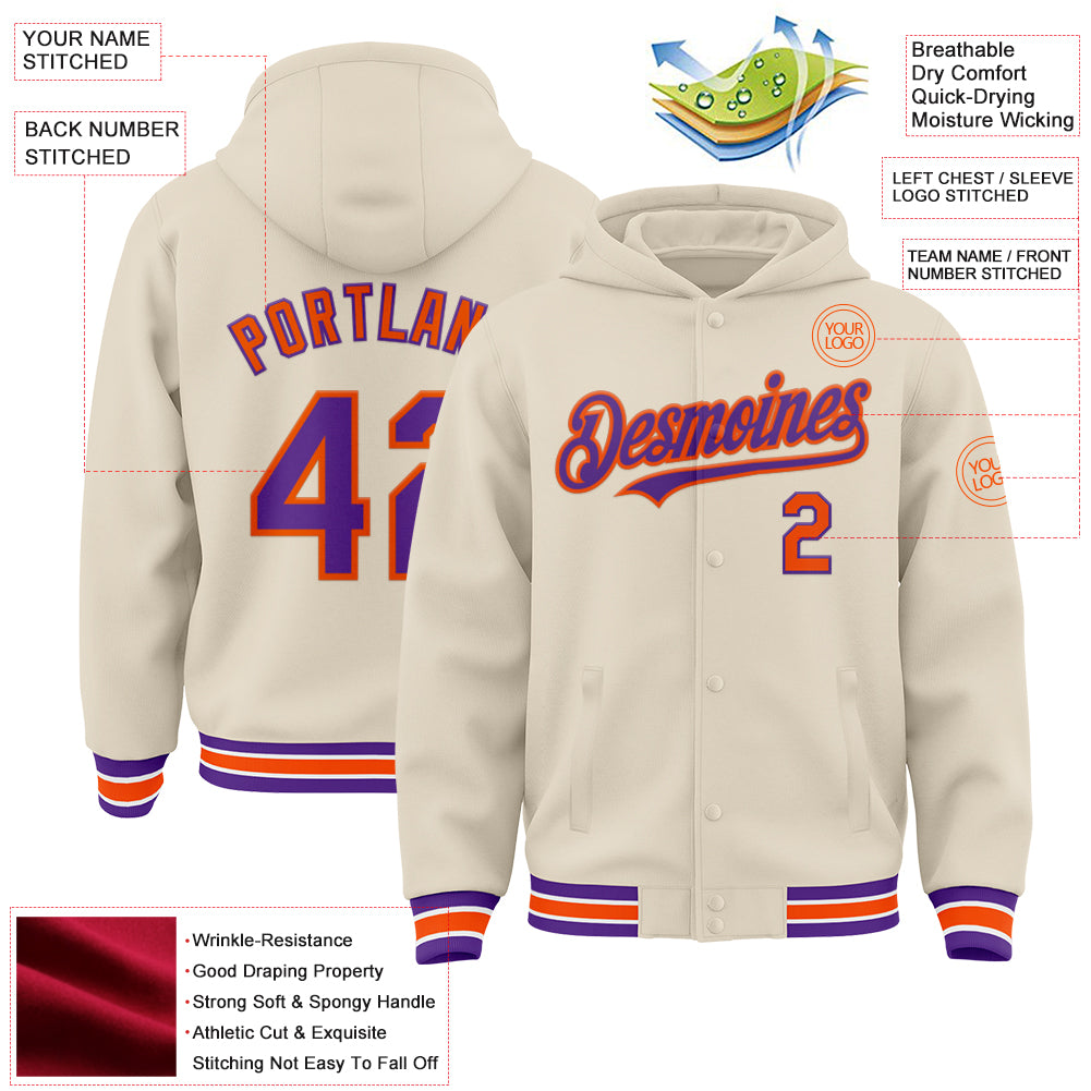 Custom Cream Purple Orange-White Bomber Full-Snap Varsity Letterman Hoodie Jacket