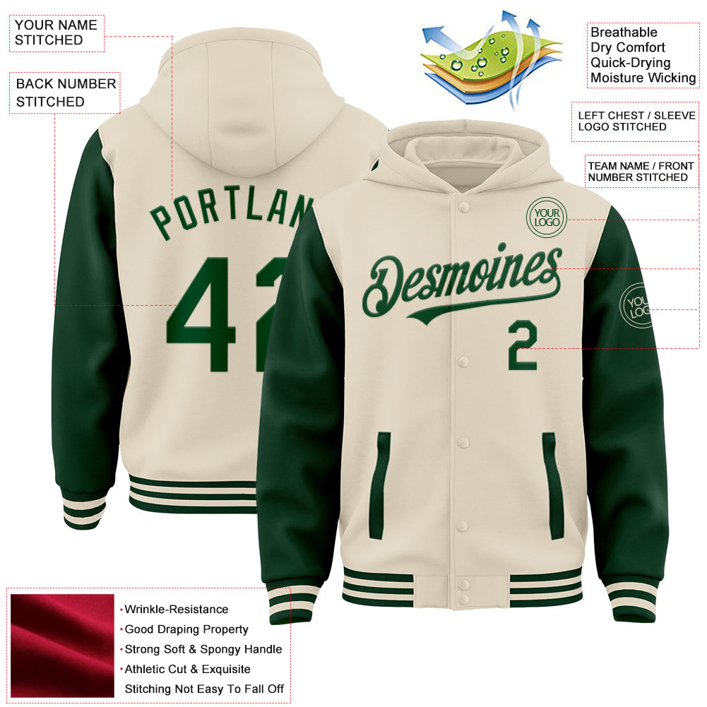 Custom Cream Green Bomber Full-Snap Varsity Letterman Two Tone Hoodie Jacket