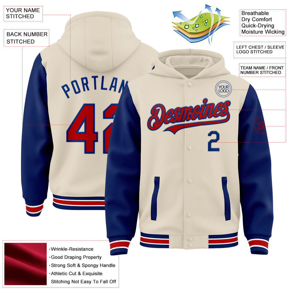 Custom Cream Red Royal-White Bomber Full-Snap Varsity Letterman Two Tone Hoodie Jacket