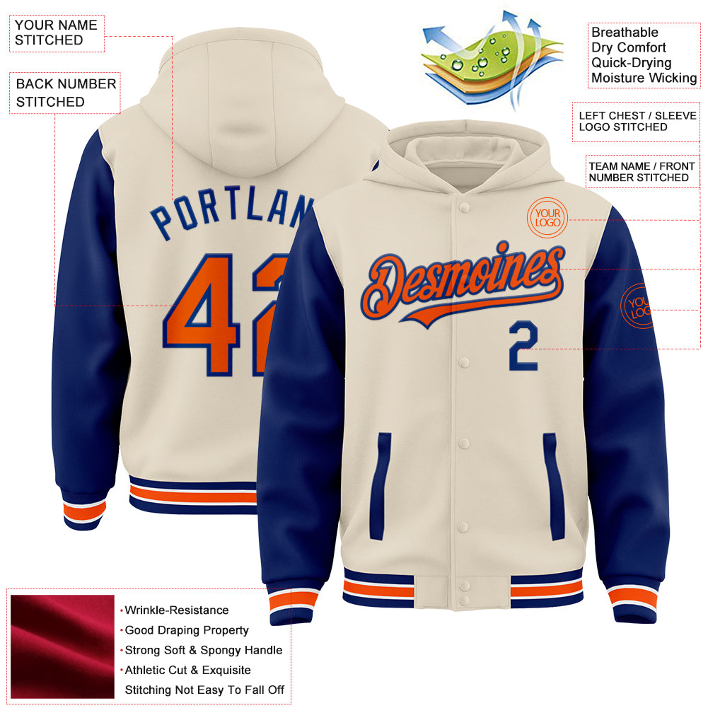 Custom Cream Orange Royal-White Bomber Full-Snap Varsity Letterman Two Tone Hoodie Jacket