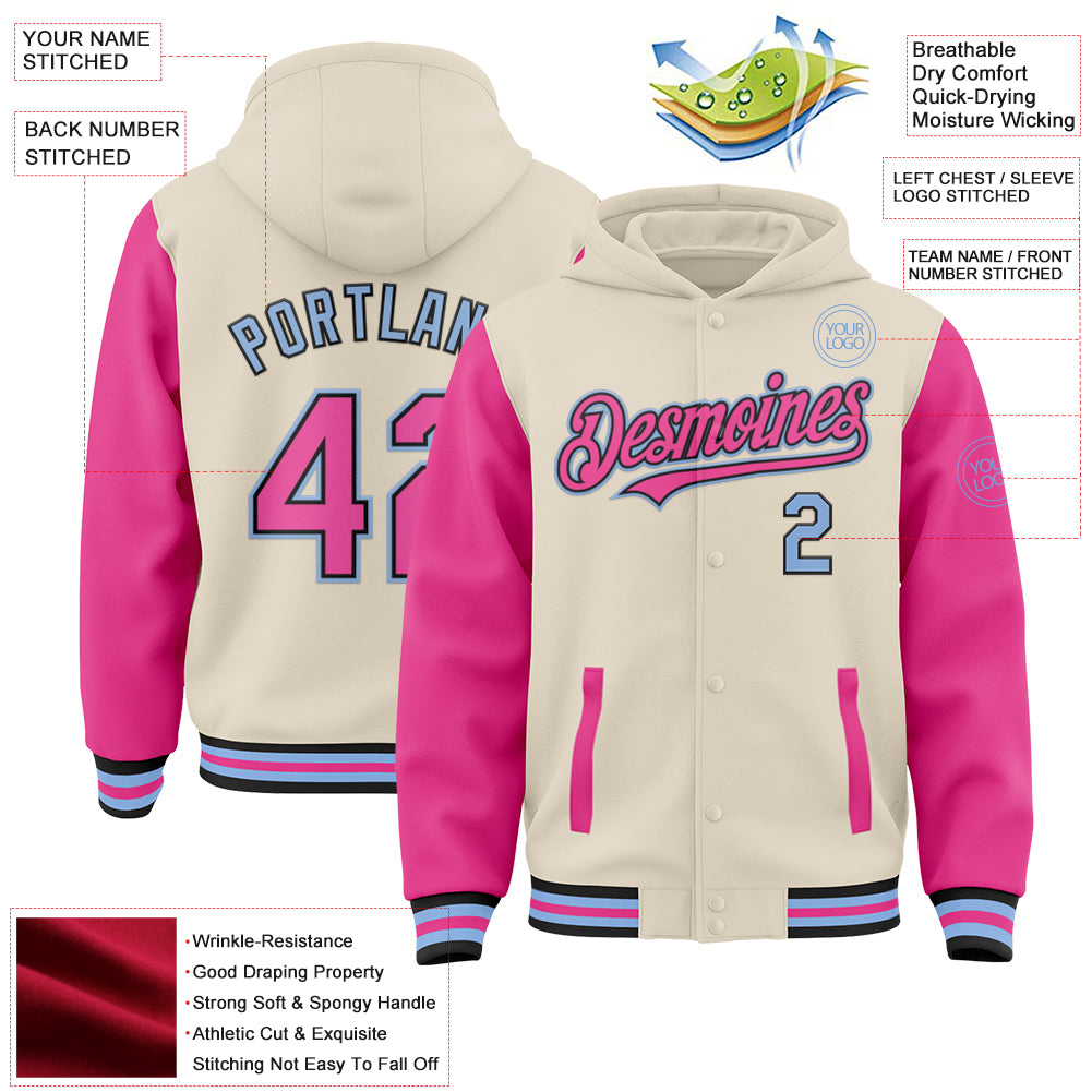 Custom Cream Pink Black-Light Blue Bomber Full-Snap Varsity Letterman Two Tone Hoodie Jacket