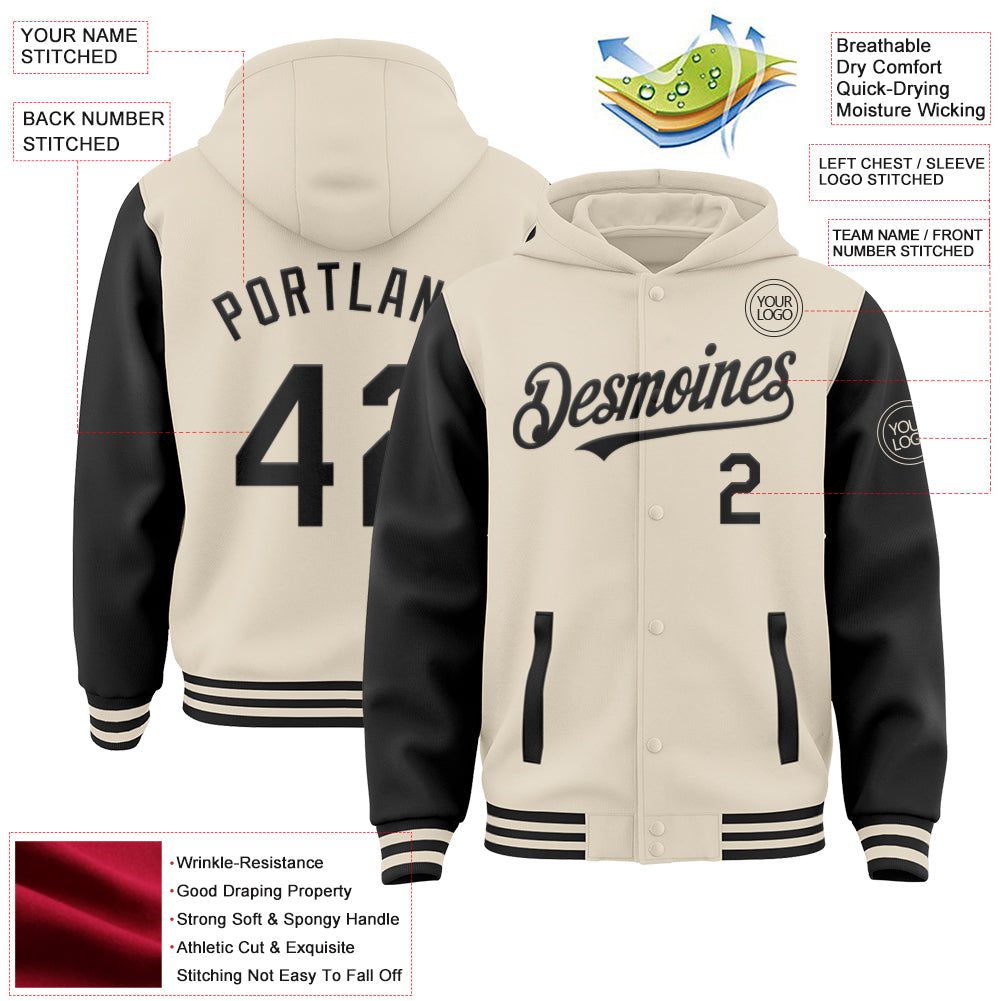 Custom Cream Black Bomber Full-Snap Varsity Letterman Two Tone Hoodie Jacket