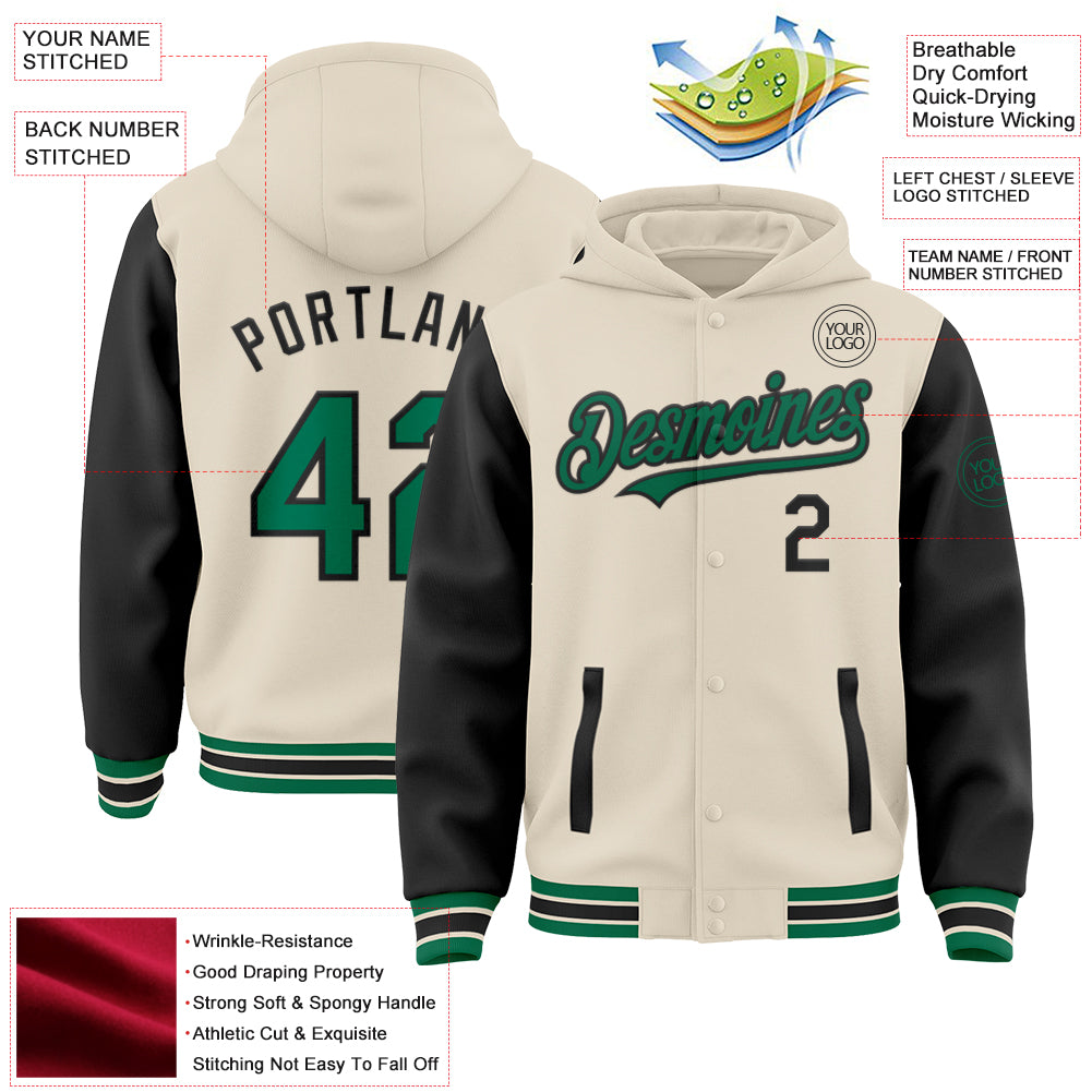 Custom Cream Kelly Green-Black Bomber Full-Snap Varsity Letterman Two Tone Hoodie Jacket