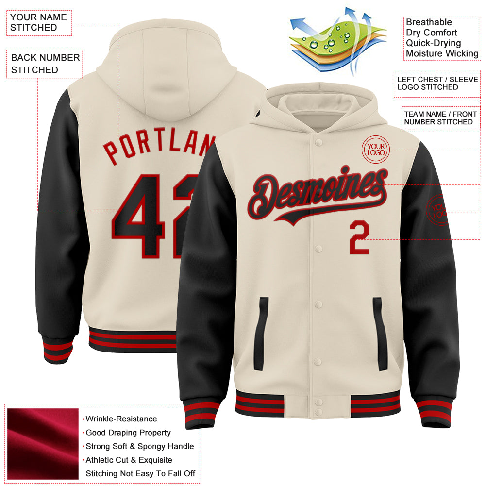 Custom Cream Black-Red Bomber Full-Snap Varsity Letterman Two Tone Hoodie Jacket