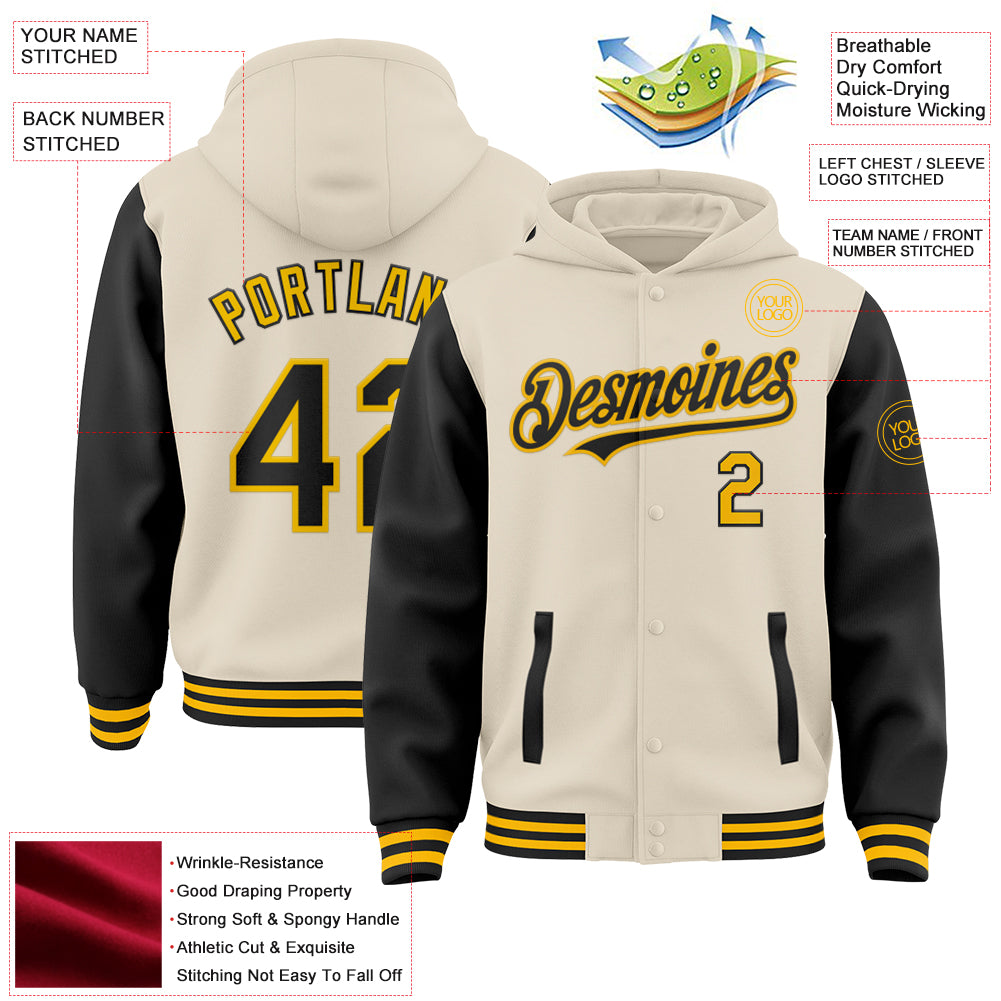 Custom Cream Black-Gold Bomber Full-Snap Varsity Letterman Two Tone Hoodie Jacket