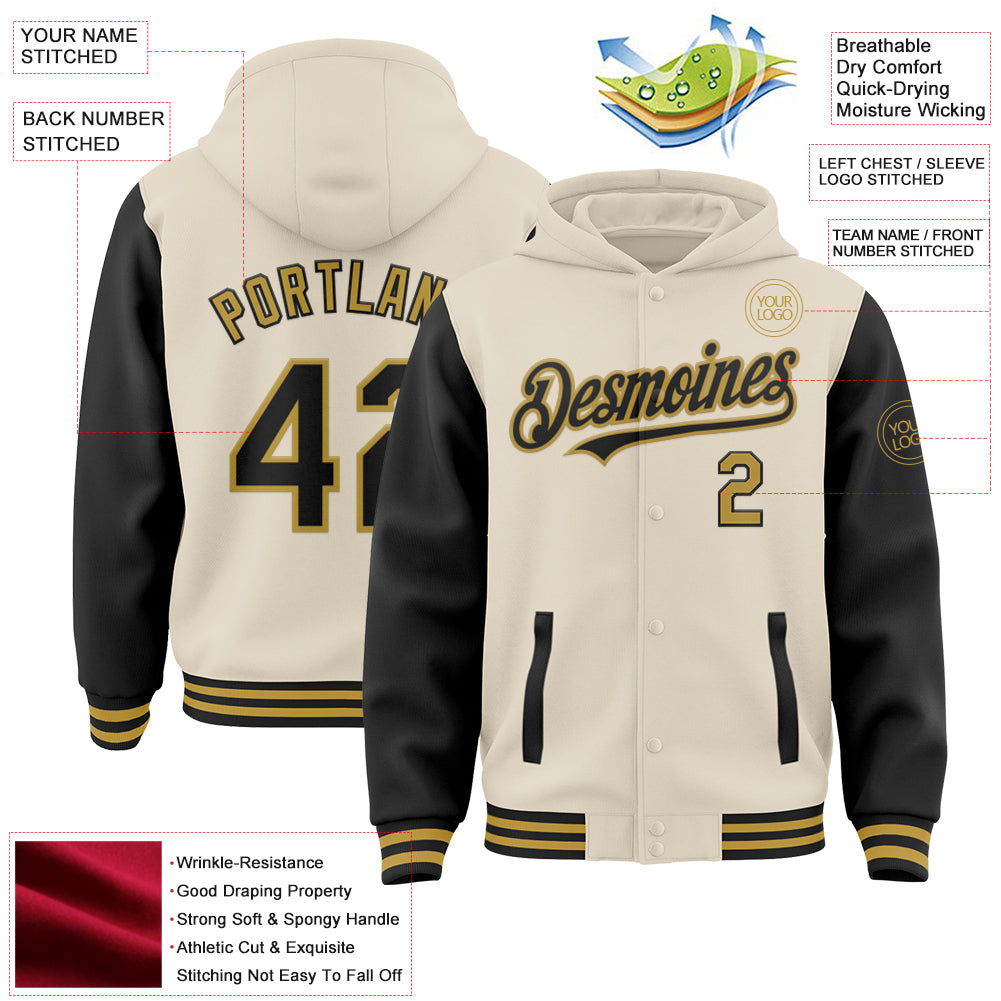 Custom Cream Black-Old Gold Bomber Full-Snap Varsity Letterman Two Tone Hoodie Jacket