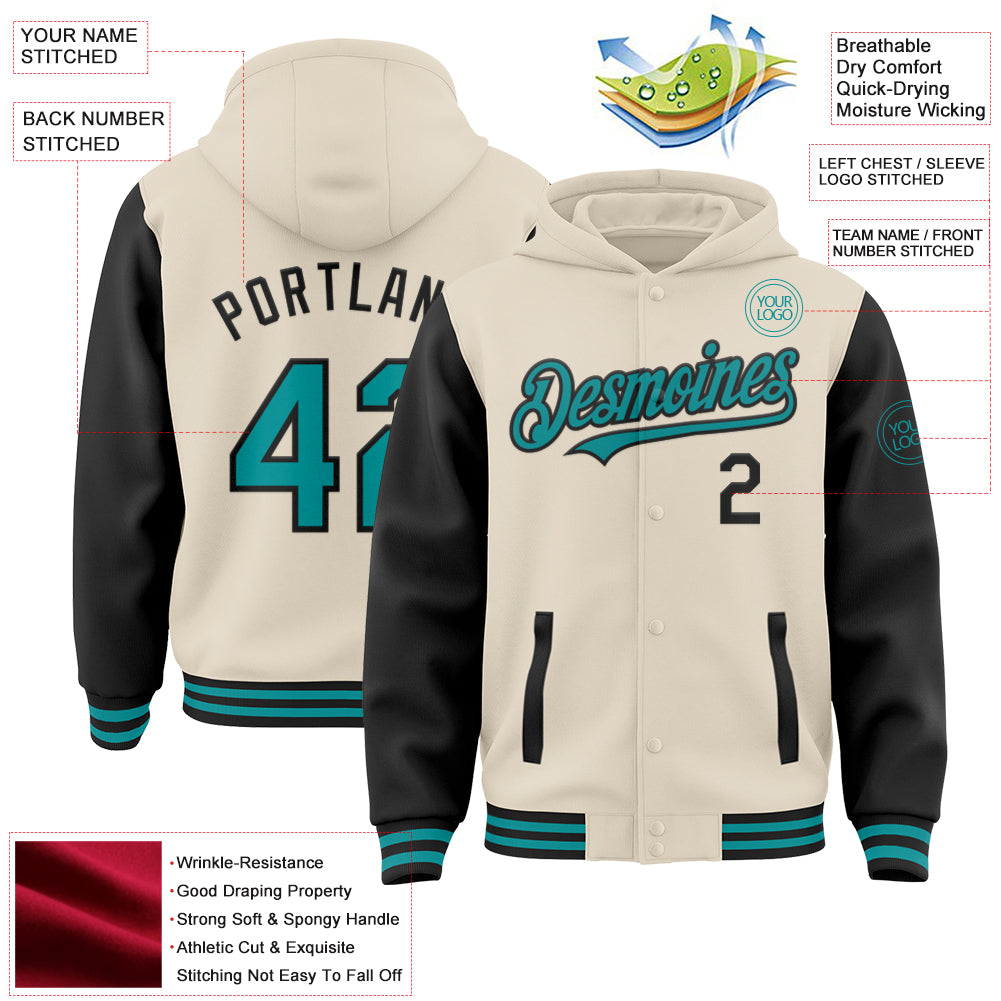 Custom Cream Teal-Black Bomber Full-Snap Varsity Letterman Two Tone Hoodie Jacket