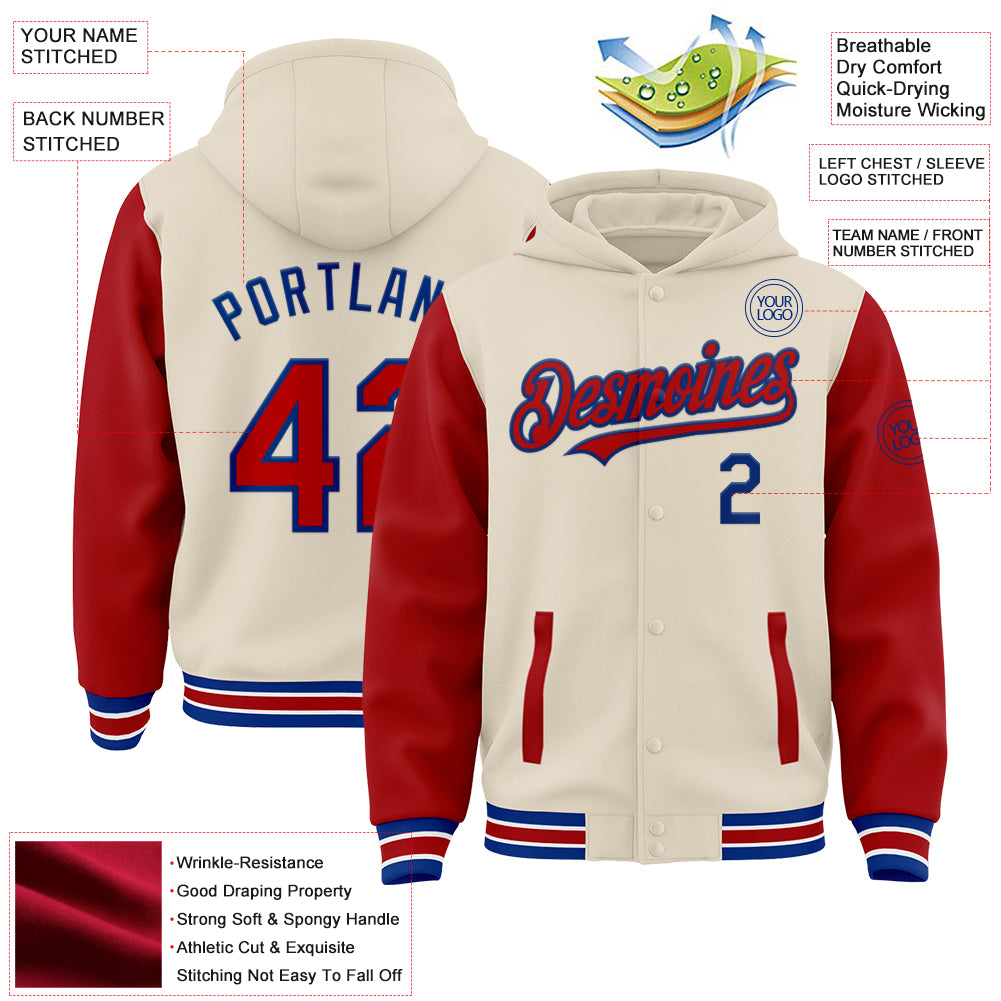 Custom Cream Red Royal-White Bomber Full-Snap Varsity Letterman Two Tone Hoodie Jacket