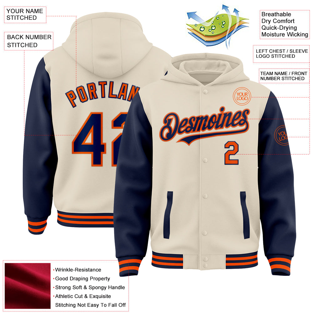 Custom Cream Navy-Orange Bomber Full-Snap Varsity Letterman Two Tone Hoodie Jacket