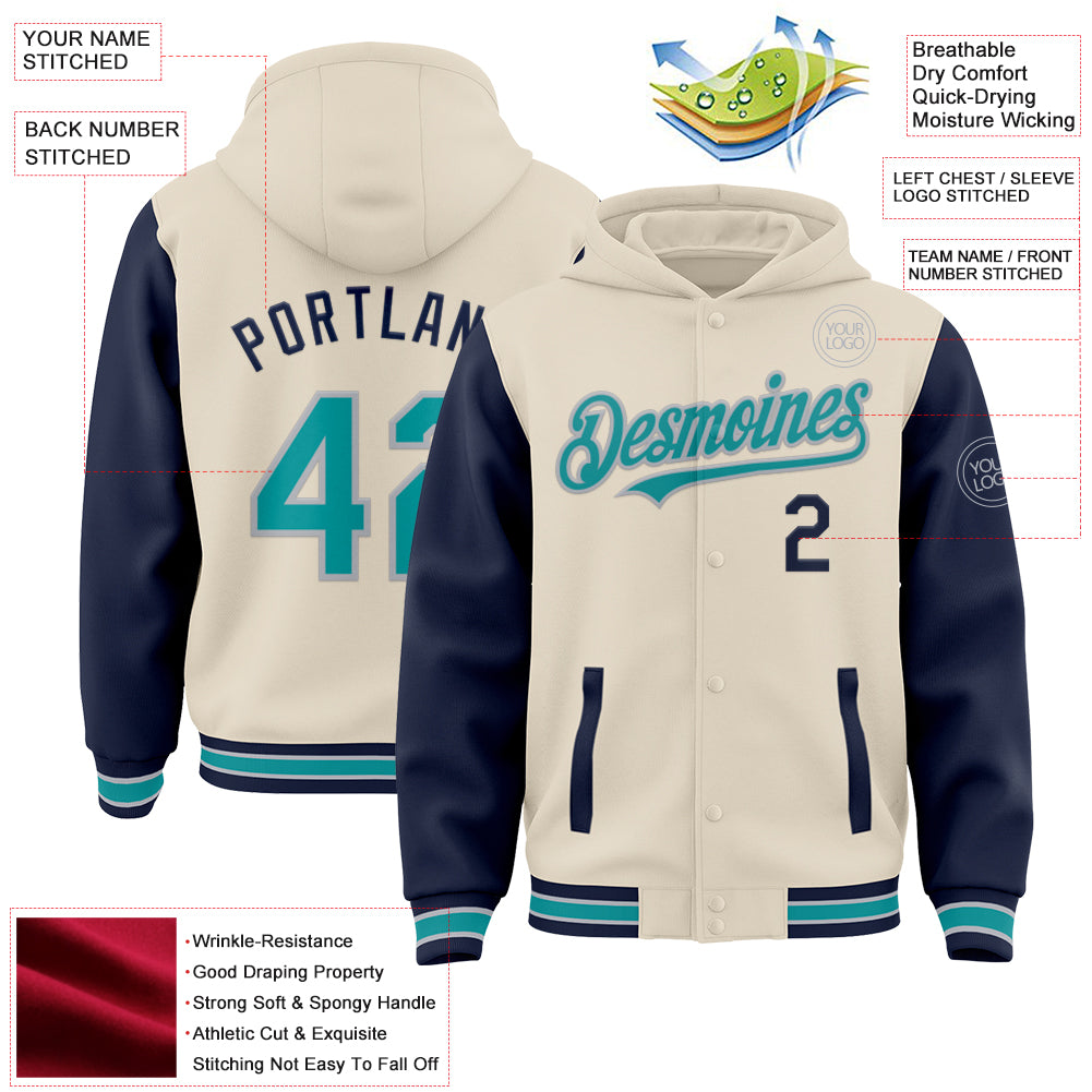 Custom Cream Teal Navy-Gray Bomber Full-Snap Varsity Letterman Two Tone Hoodie Jacket