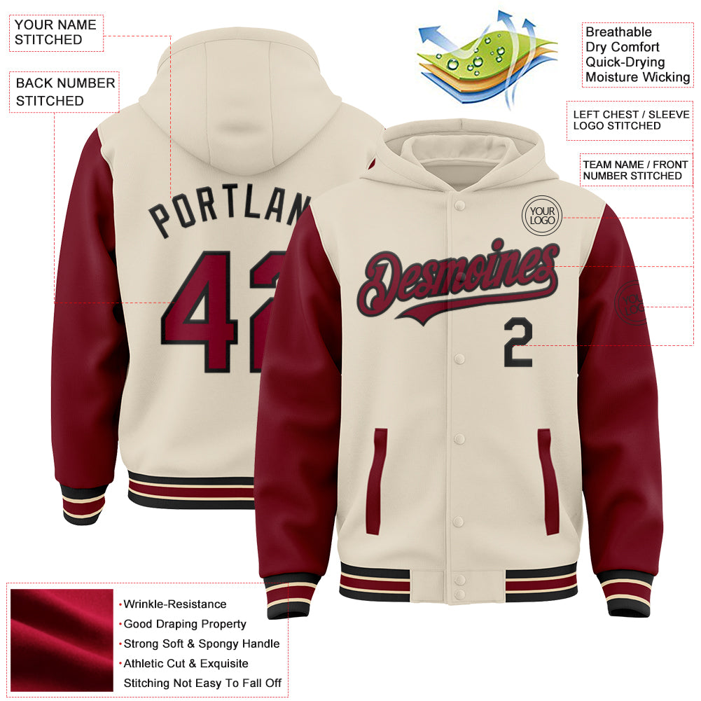 Custom Cream Crimson Black-City Cream Bomber Full-Snap Varsity Letterman Two Tone Hoodie Jacket