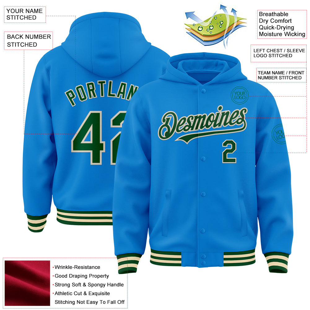 Custom Powder Blue Green-Cream Bomber Full-Snap Varsity Letterman Hoodie Jacket