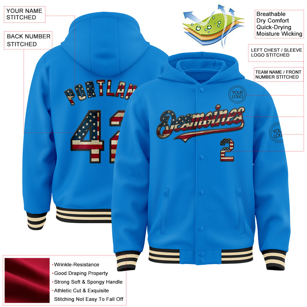 Custom Powder Blue Vintage USA Flag Black-Cream Bomber Full-Snap Varsity Letterman Hoodie Jacket