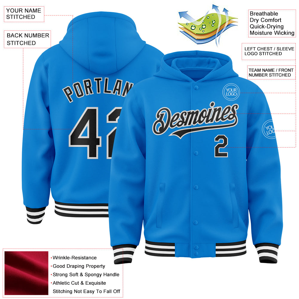 Custom Powder Blue Black-White Bomber Full-Snap Varsity Letterman Hoodie Jacket