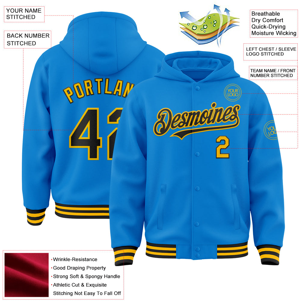 Custom Powder Blue Black-Gold Bomber Full-Snap Varsity Letterman Hoodie Jacket